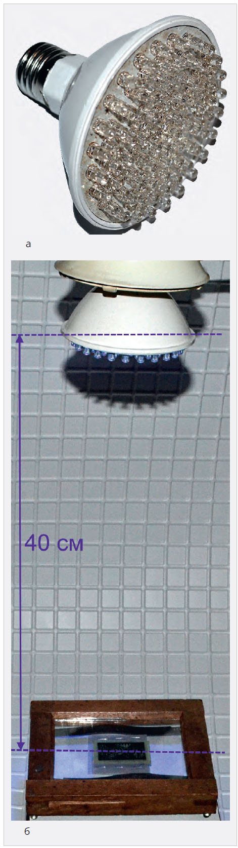 Рис. 19. Засветка заготовки УФ светодиодной лампой: а – светодиодная УФ-лампа LDHH1621B, б – процесс засветки