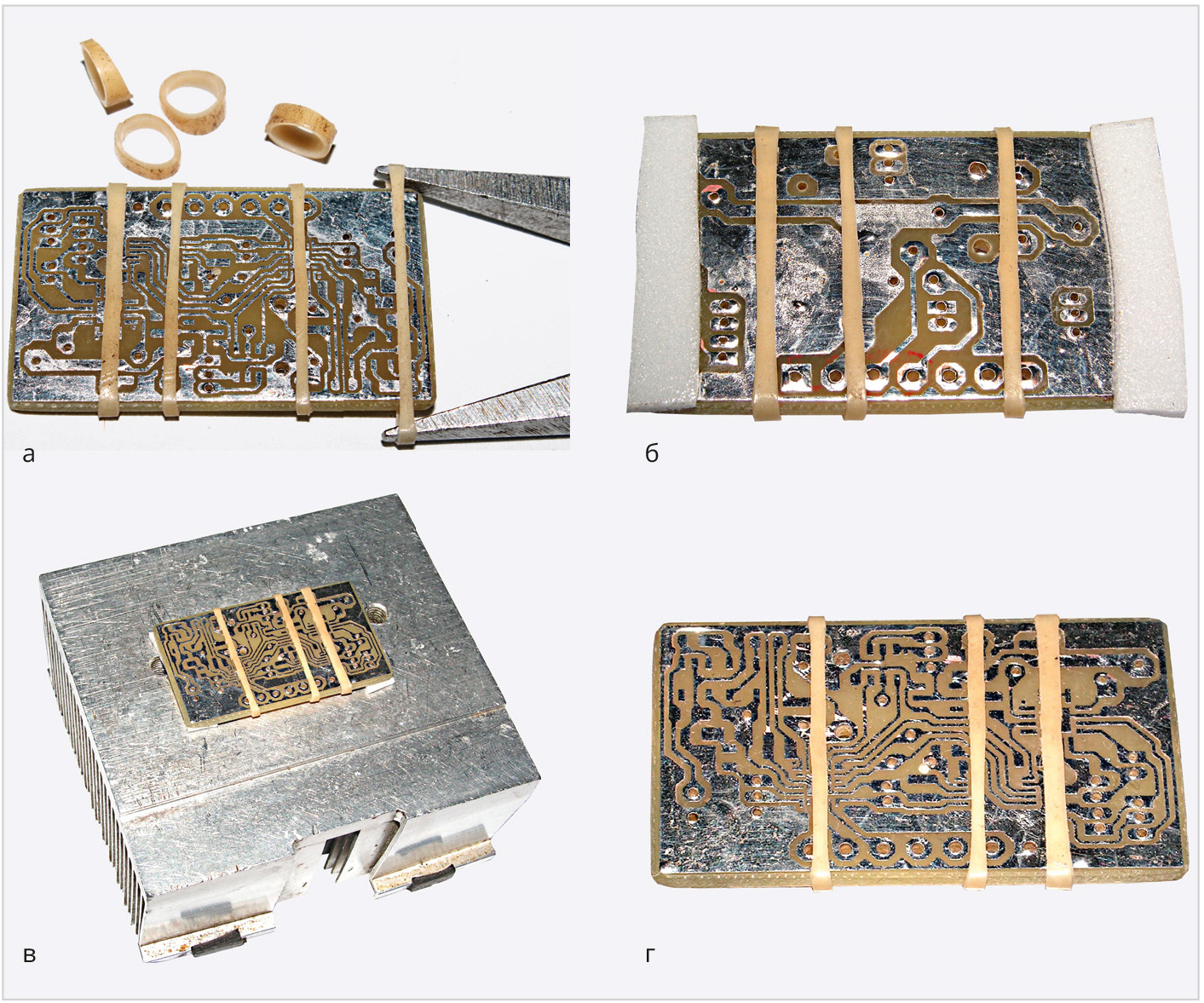 Рис. 44. Подготовка печатной платы к пайке: а – накладывание кембрика на плату, б – закрепление пористой ленты, в – установка платы на стол, г – увеличенное изображение платы.
