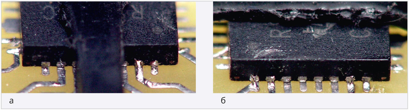 Рис. 48. «Установка» микросхемы: а – продольное сечение кембрика, б – поперечное сечение кембрика.